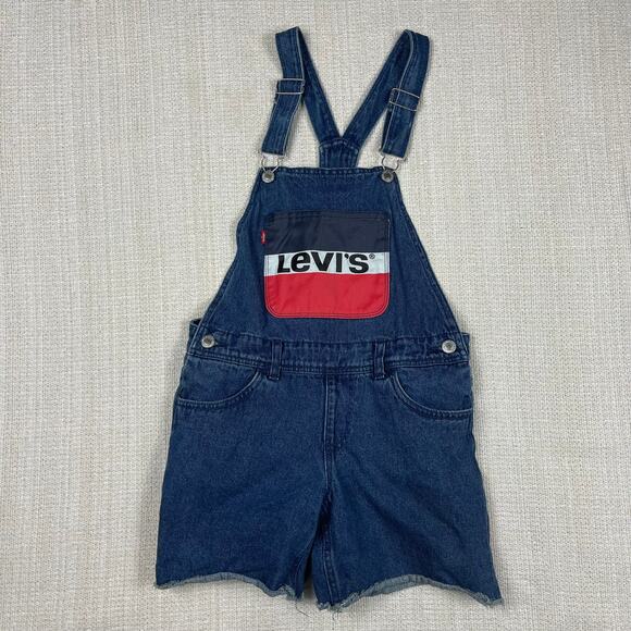 Levis Shortalls Blue Denim Logo Bib Overalls Raw Hem Adjustable Straps Girls 14R - Picture 1 of 7